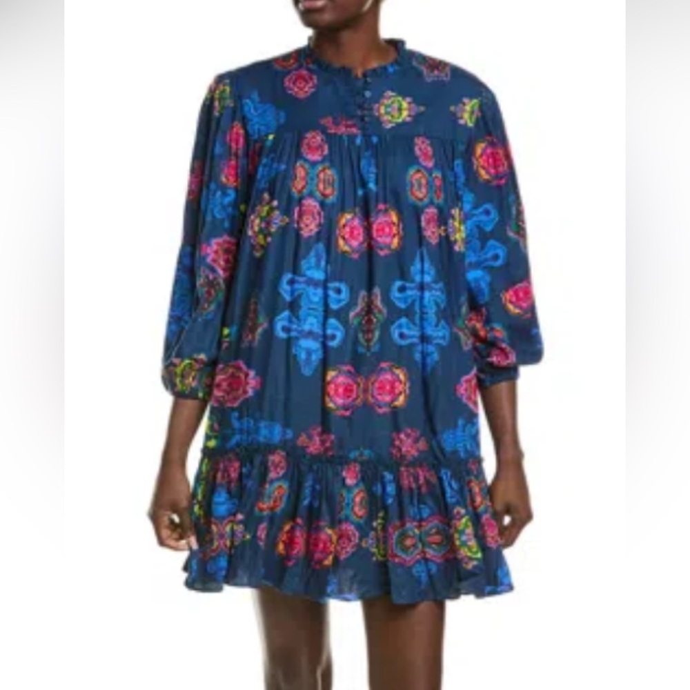 Garrie B Sheena Women’s Size Medium Mini Dress Navy Blue, Colorful Cottage Core